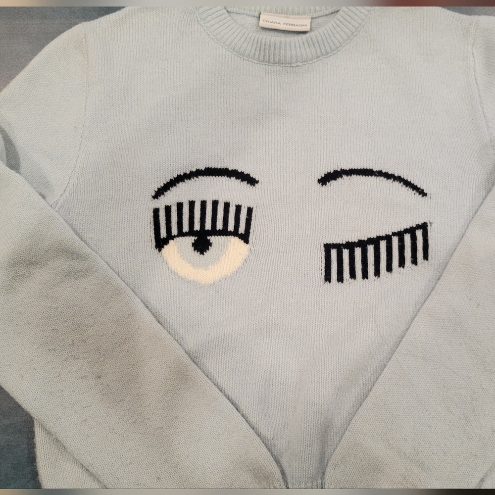 Chiara Ferragni Light Blue Wink Sweater Merino Wool M *see description*
